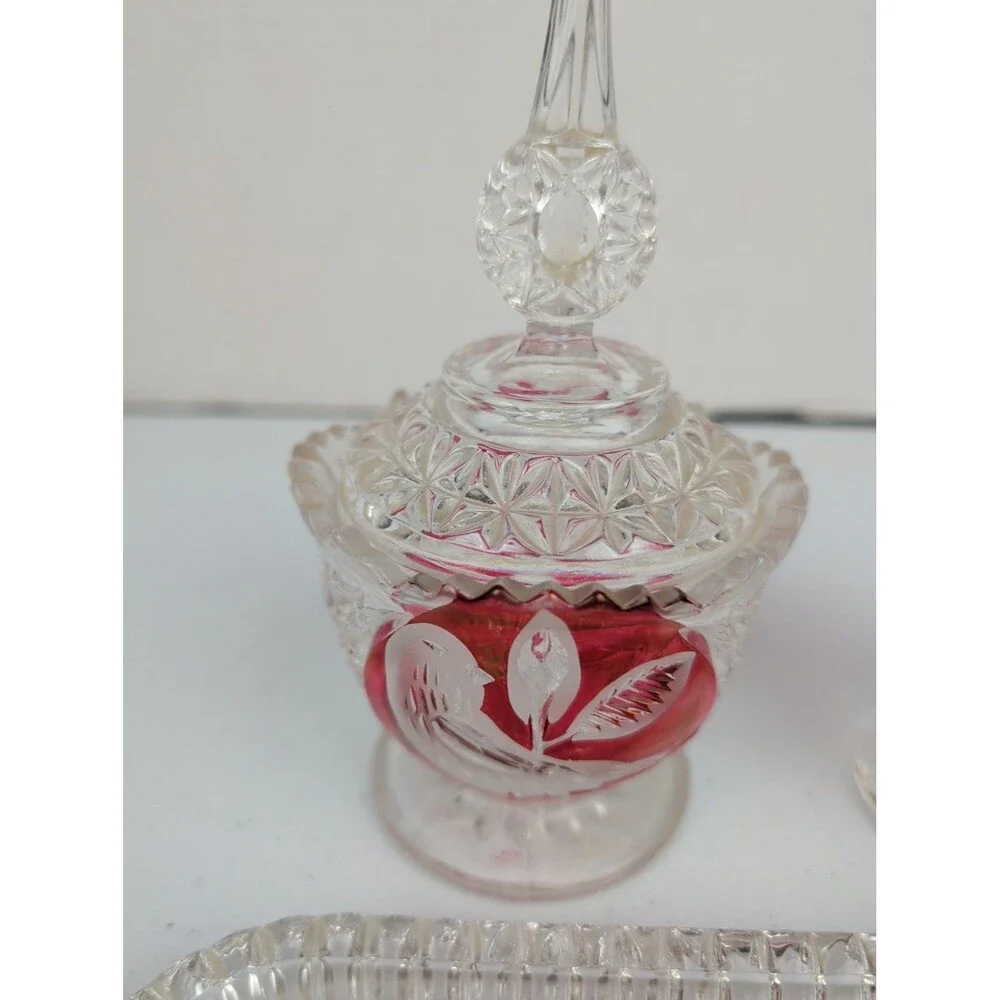 Hofbauer Byrdes Ruby Lead Crystal Creamer & Lidded Sugar Bowl & Tray **Read**